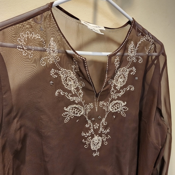 CHADWICKS women's brown tunic see though embroidered material top size 16 - Picture 7 of 10